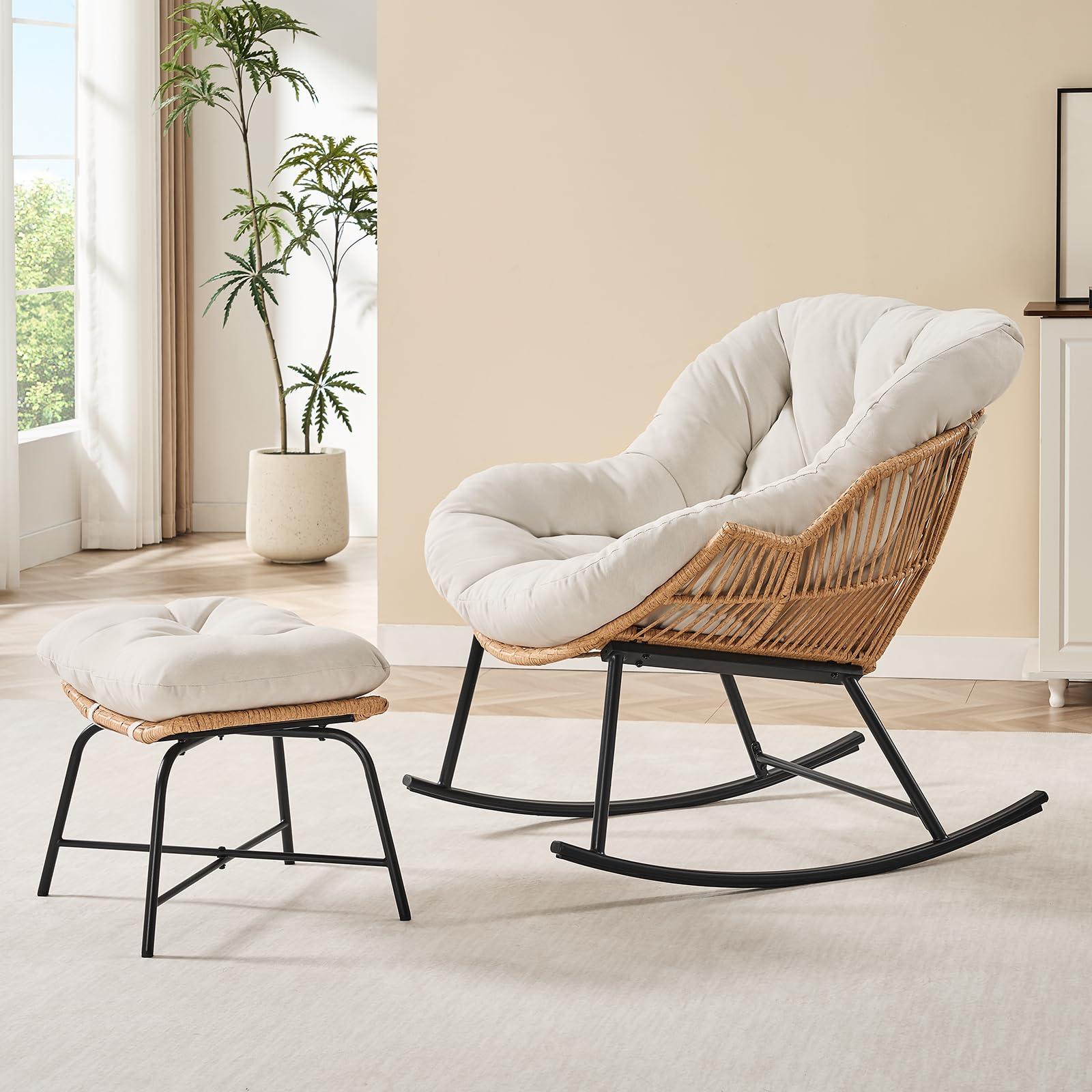 Outdoor Furniture Rocking Chair - Kursi Goyang Papasan Rotan Abu-abu dengan